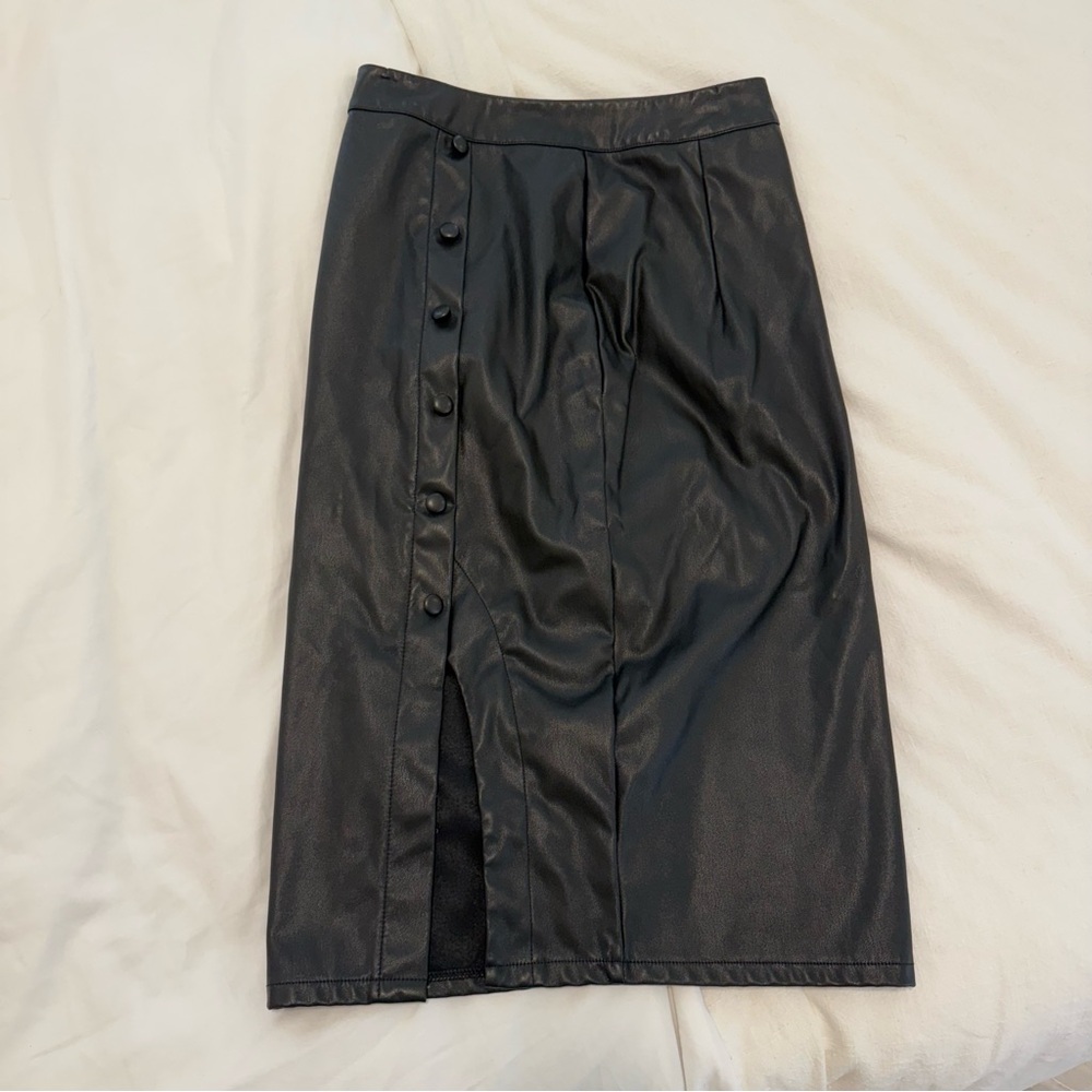 Black Button-Down Vegan Leather Skirt